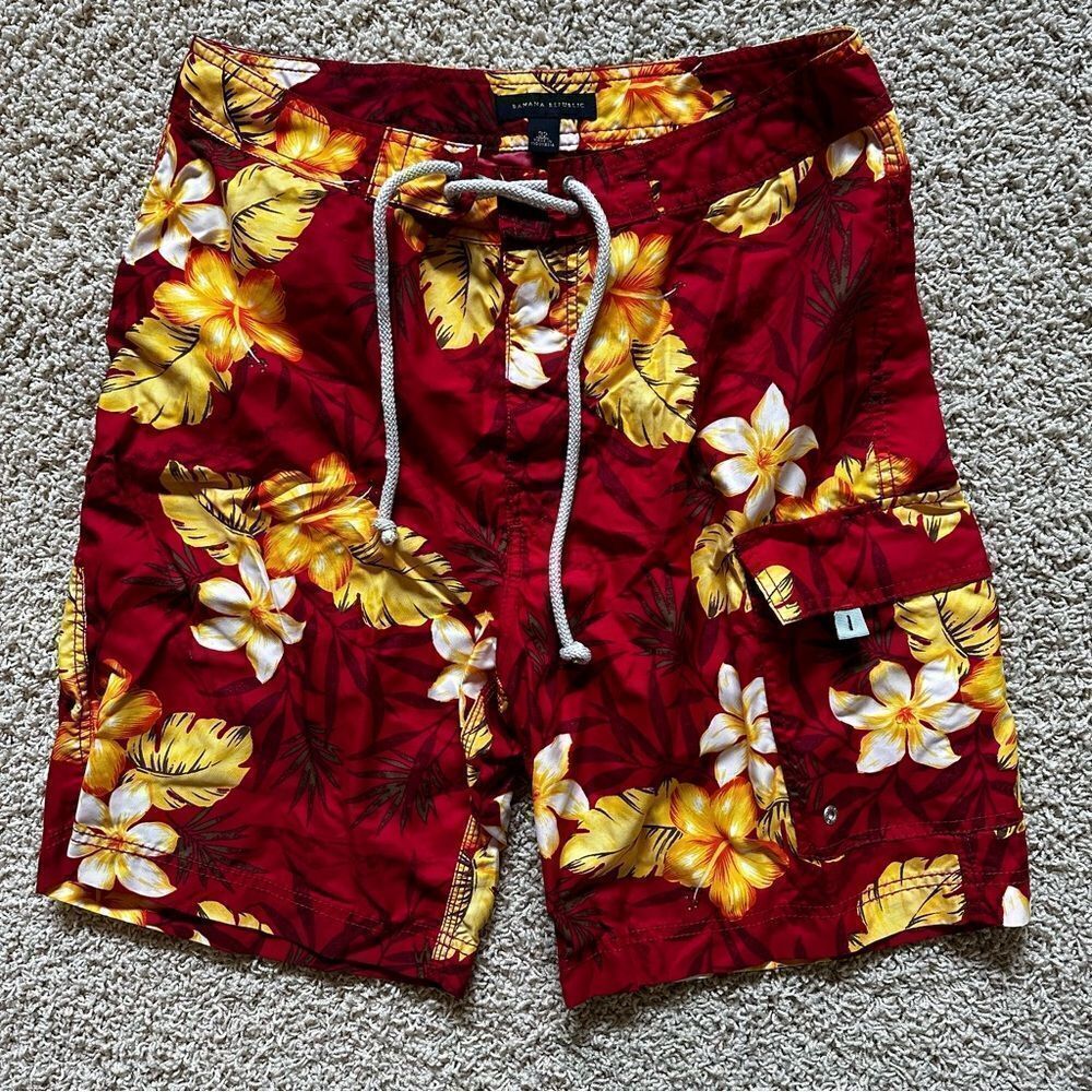 Banana Republic Men’s Hawaiian Floral Swim Trunks Board Shorts Pockets 32